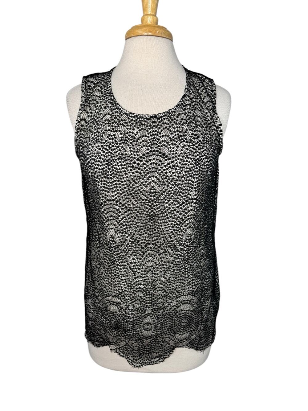 CHICOS Lace Layered Sleeveless Top Black Beige Size Medium (1) Womens Crochet